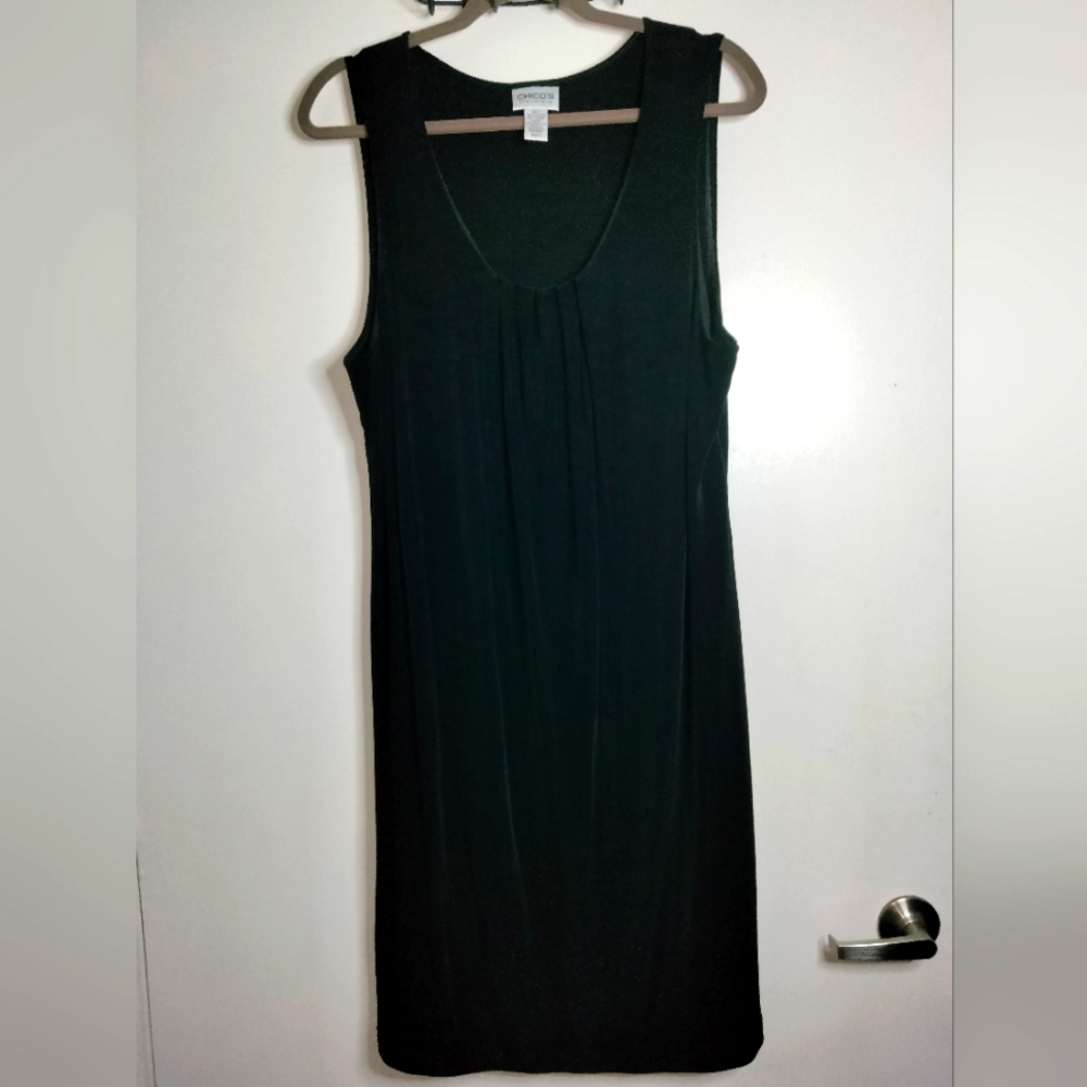 Chico's Travelers (Sz 3/XL/16) Black Stretch Scoop Neck Pleated Sleeveless Dress